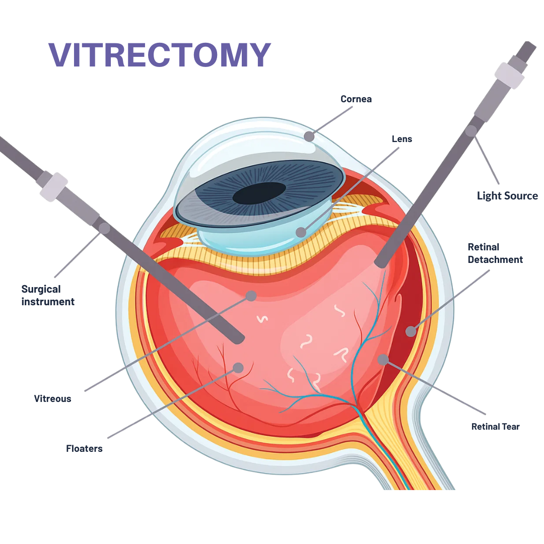 Detailed vitrectomy diagram showing eye anatomy including cornea, lens, vitreous, retinal detachment, floaters, and surgical instruments for retinal repair